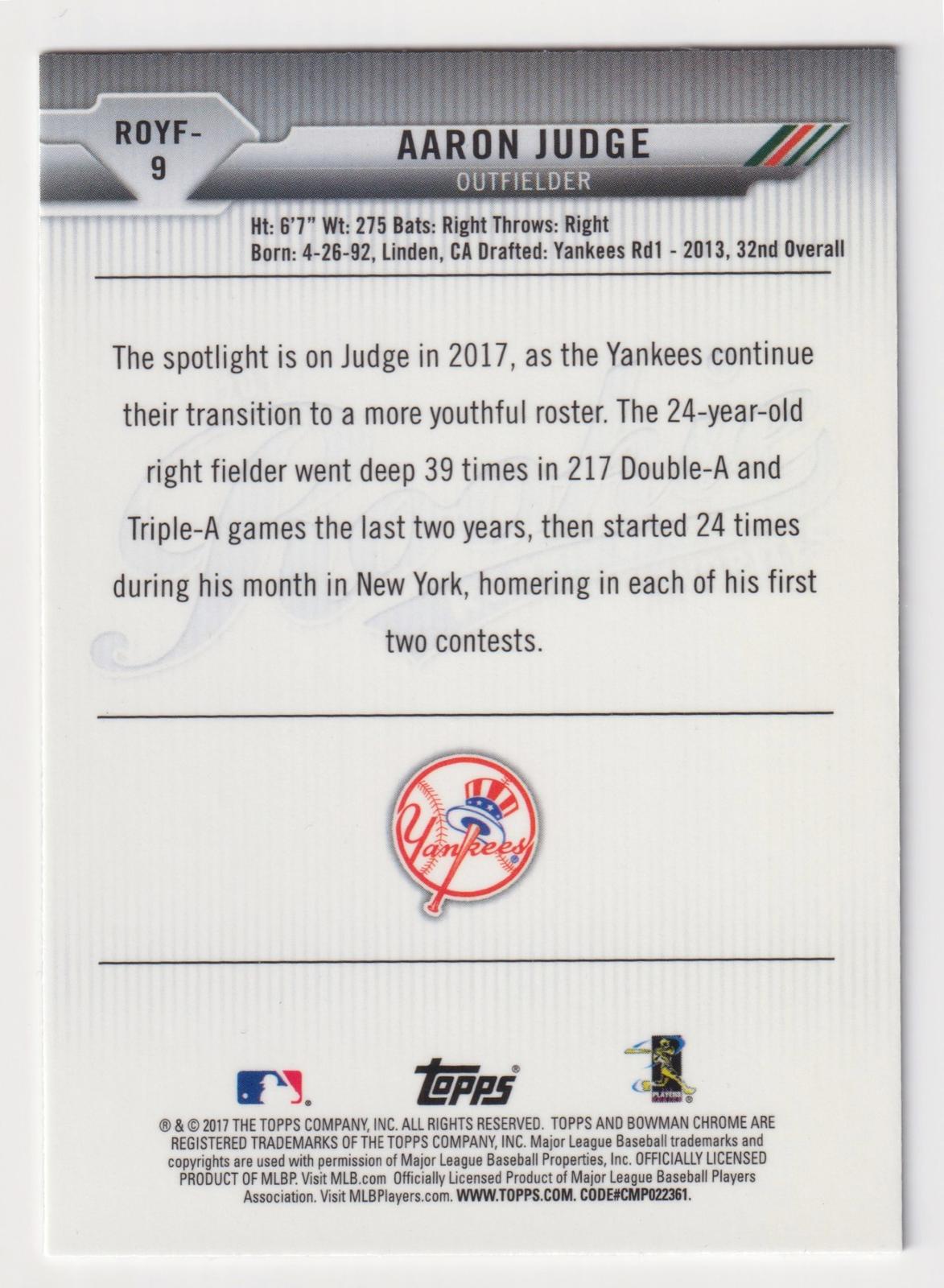 2017 Bowman #ROYF-9 Aaron Judge Rookie of the Year Favorites