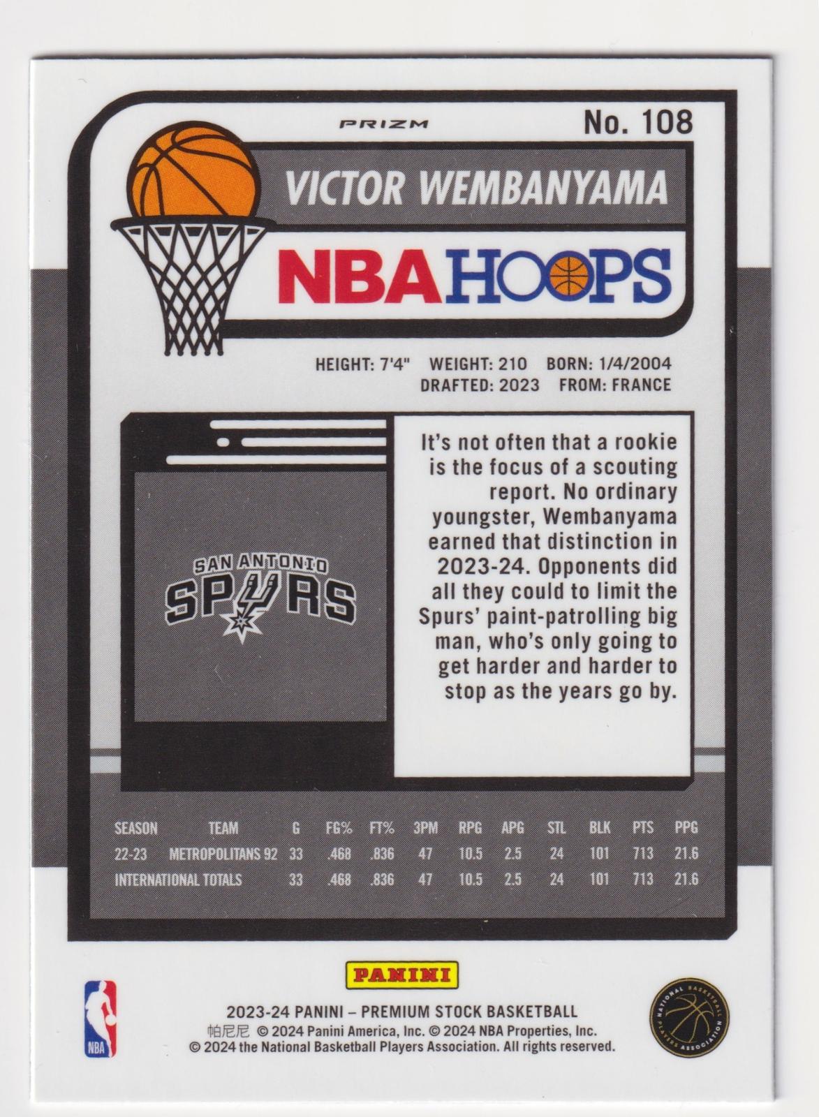 2023-24 Hoops Premium Stock #108 Victor Wembanyama Ice Prizm